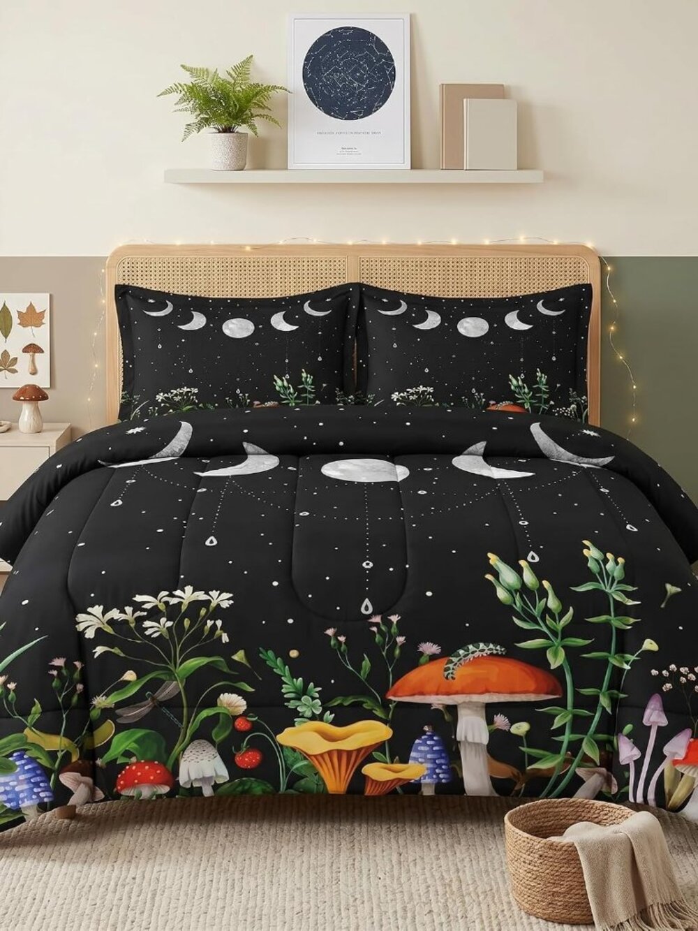 Twin Comforter Set, 2 Pieces Mushroom Moon Bedding, All Season